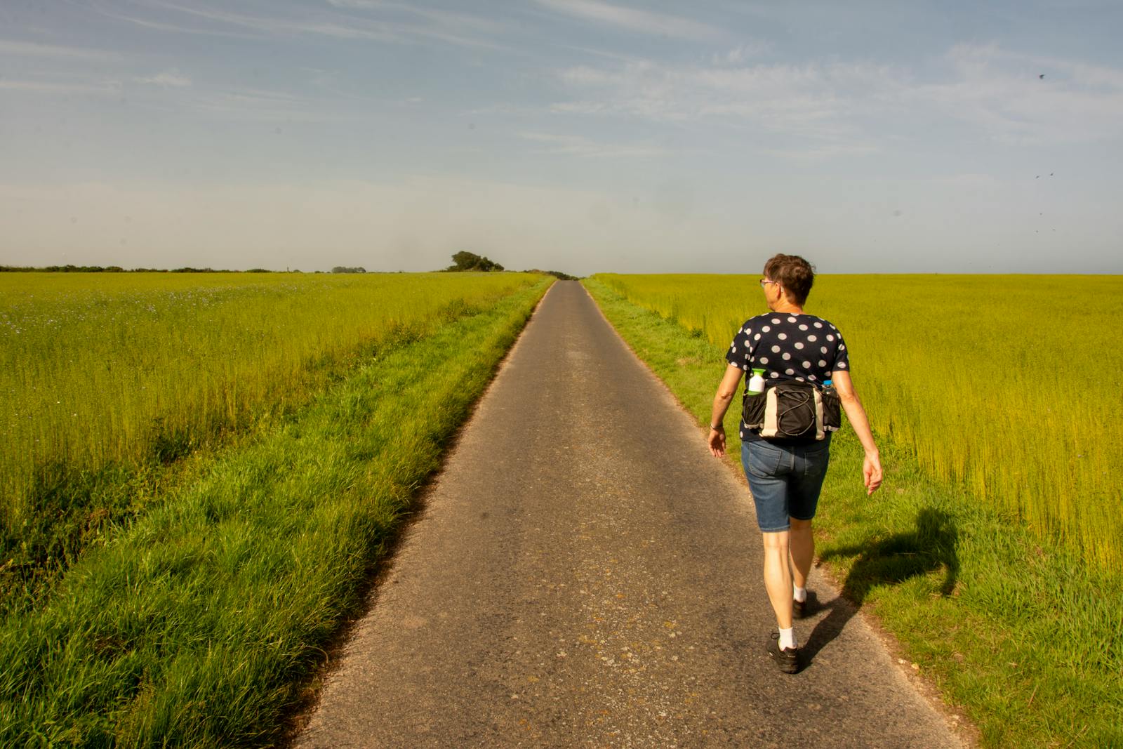 A woman walks on a road between lush green fields under a clear sky.