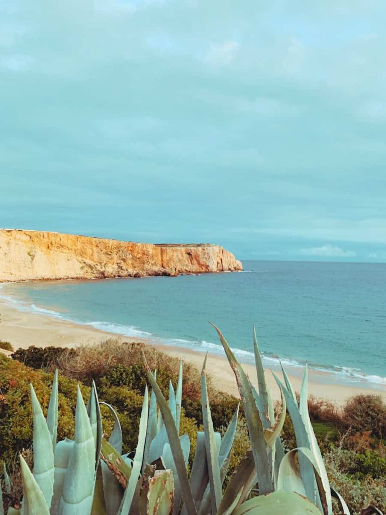 A view of a beach with a cliff in the background