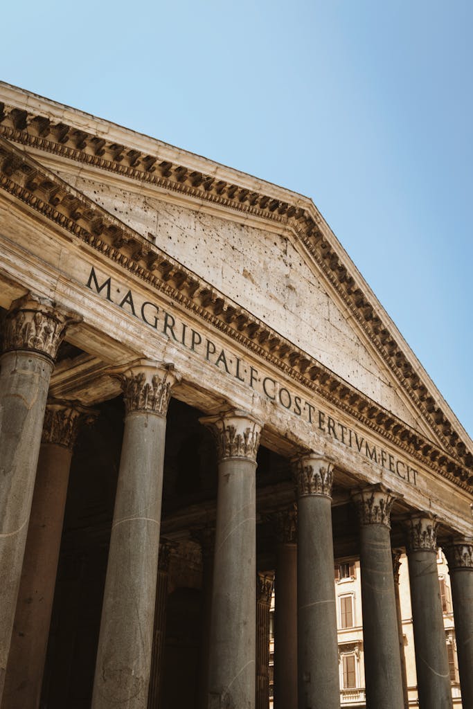 Detailed architectural view of the Pantheon in Rome, showcasing its classic Roman design.