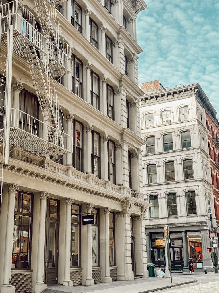A classic urban street view showcasing architectural details in SoHo, New York City.