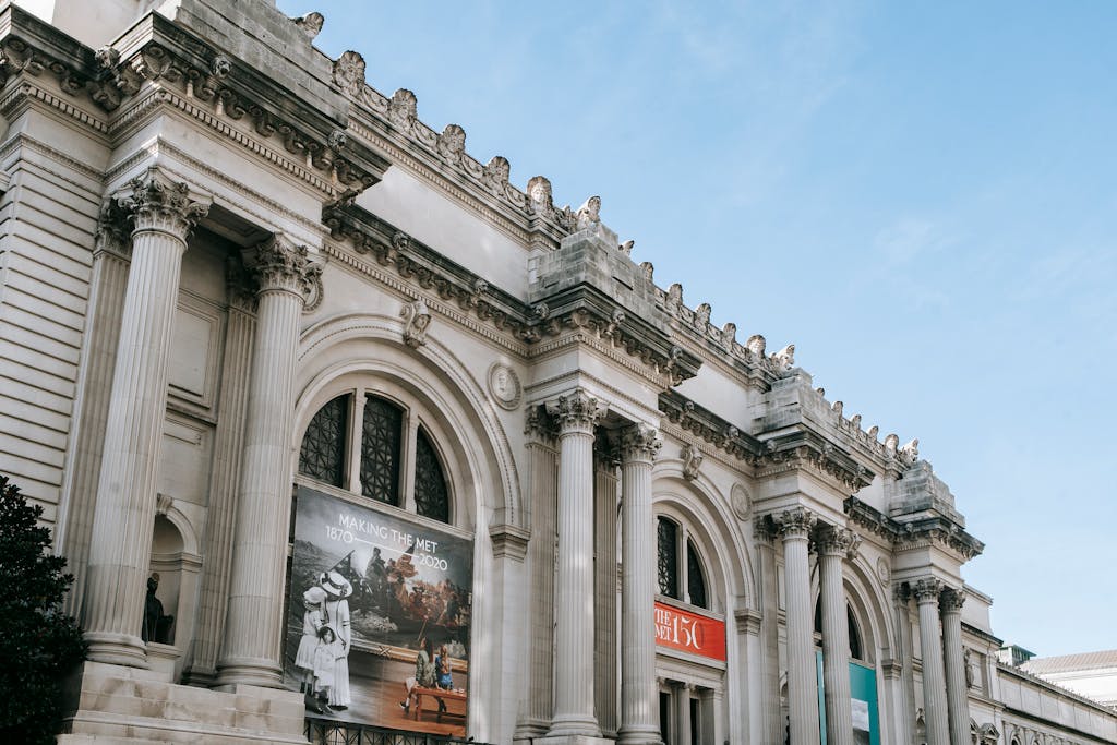 From below of exterior of Metropolitan Museum of Art located in New York City under cloudless blue sky. New york itinerary